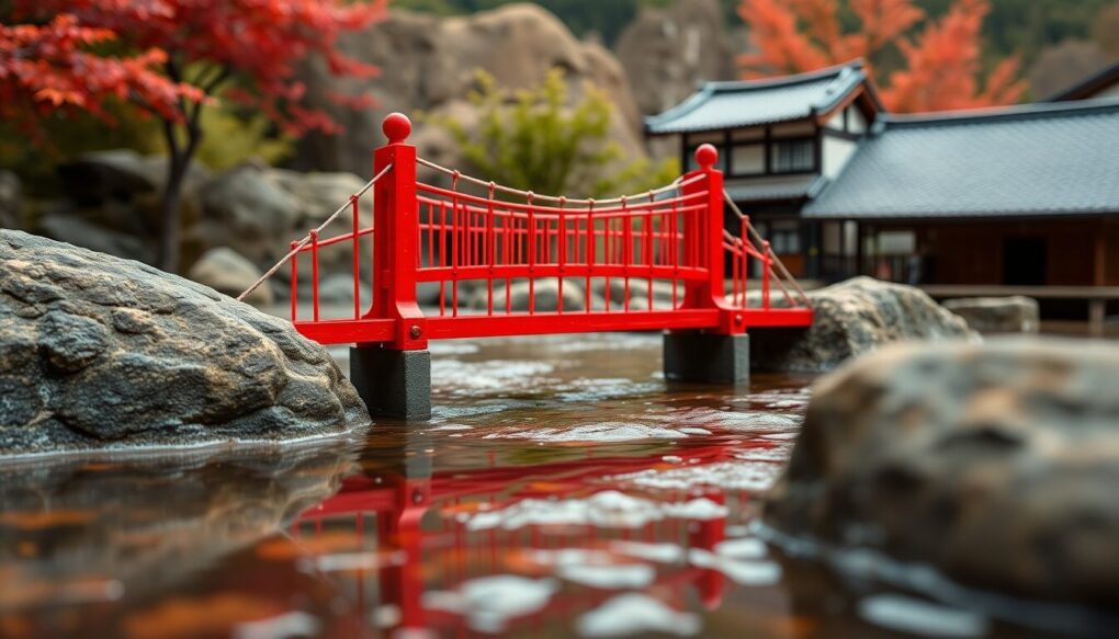 箒川や紅の吊橋の景色を見る